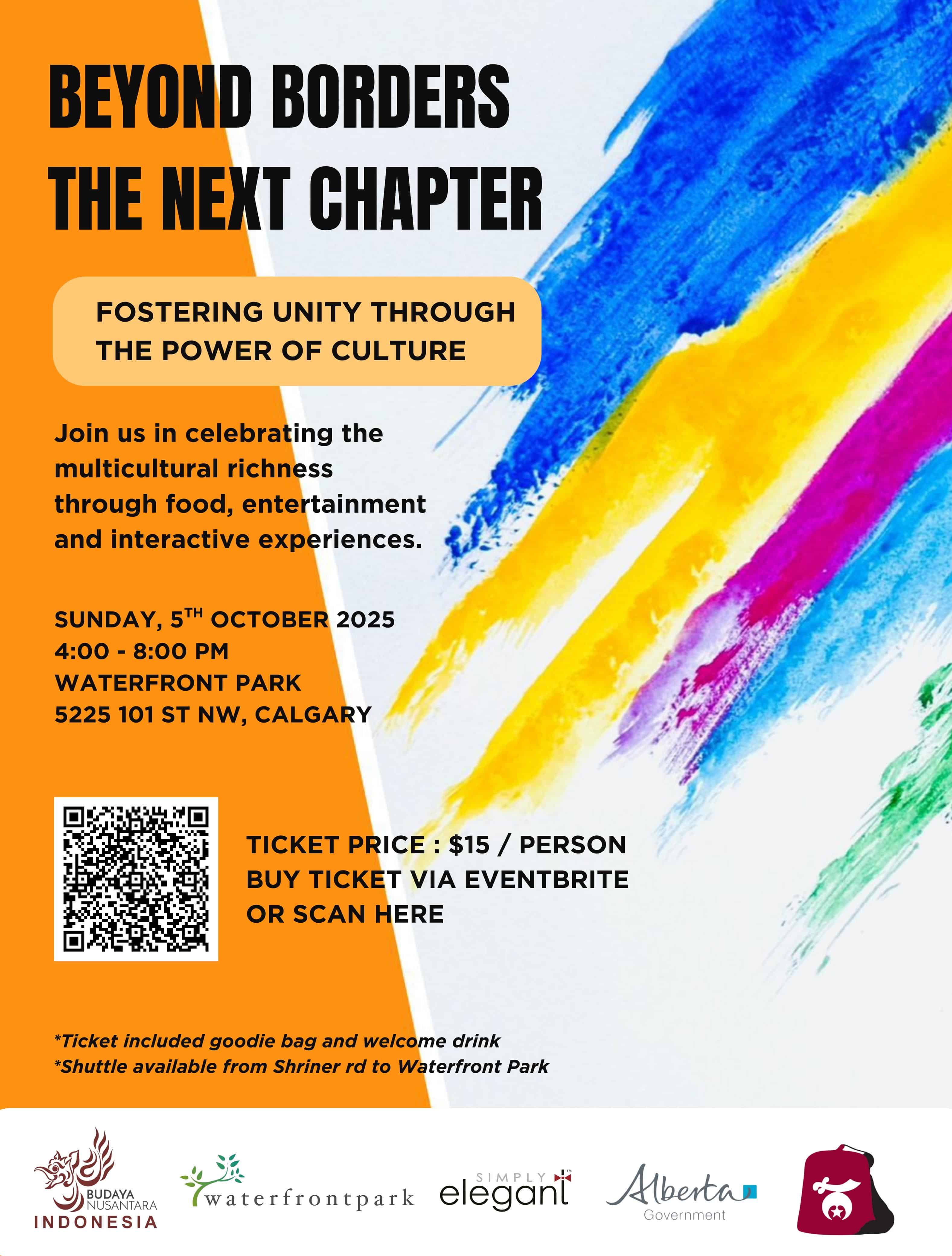 Event poster for "Beyond Borders The Next Chapter" on Sunday, October 5th, 2025, at Waterfront Park in Calgary. The poster features colorful paint strokes and details that tickets are $15, available via Eventbrite.