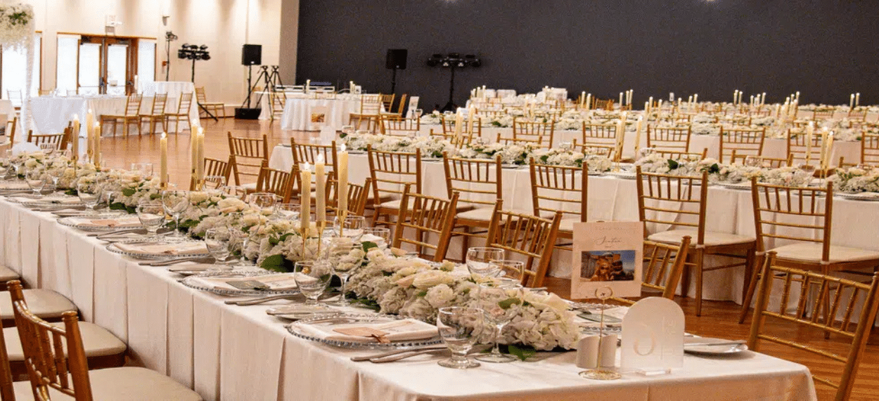 Decorated wedding tables at Waterfront Park in Calgary