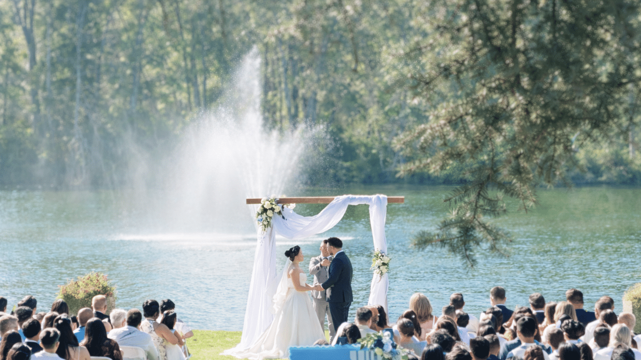 Breathtaking Wedding Setting in Calgary at Waterfront Park - Couple and Guests by the Lake