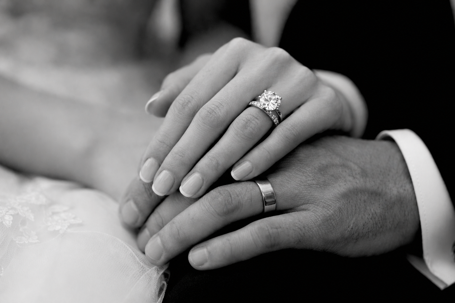 Close-up black and white photograph of a bride and groom's hands displaying an elegant wedding ring, capturing an intimate moment during a bespoke luxury wedding celebration.