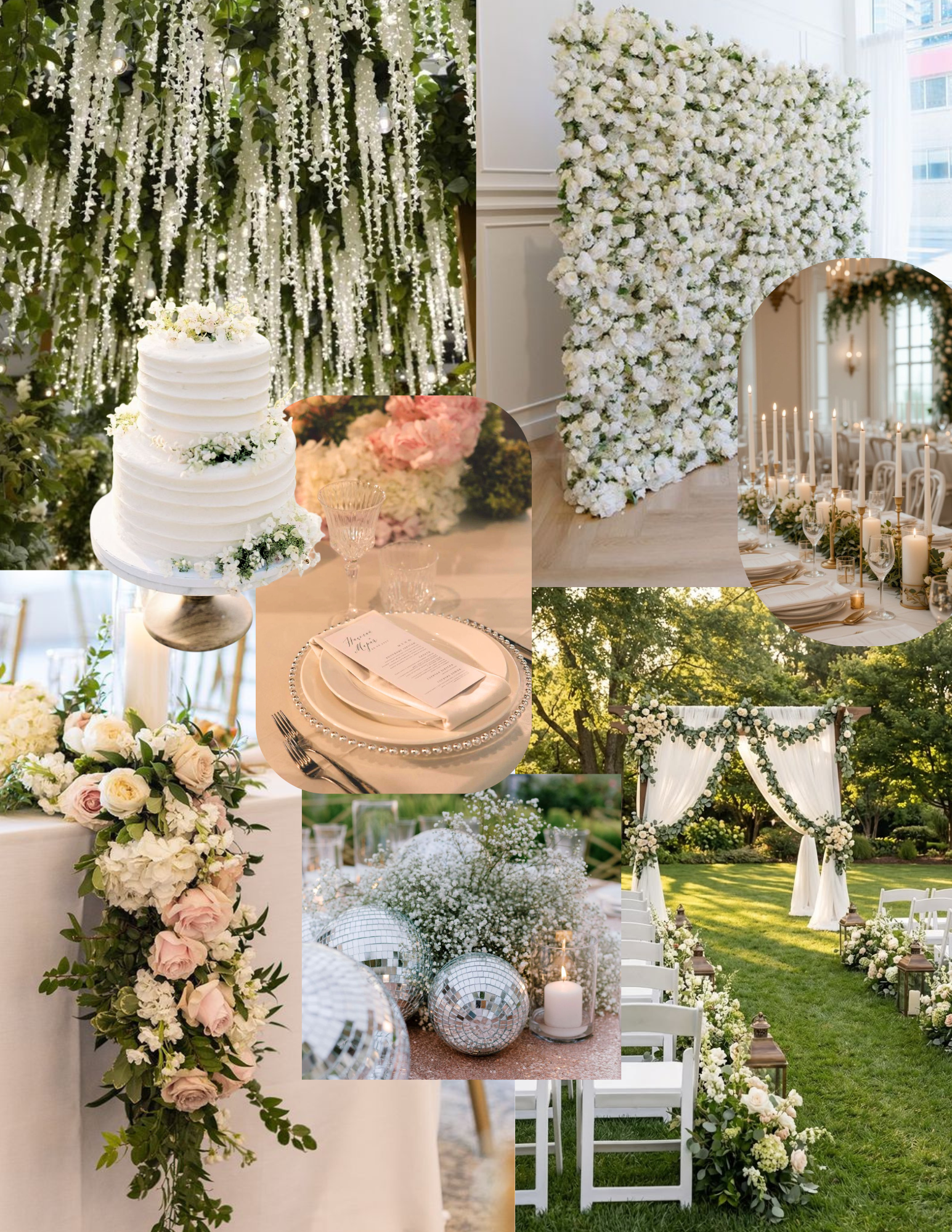 A curated luxury wedding moodboard featuring bespoke color palettes, fine material swatches, and design inspirations, representing the initial vision and planning phase.