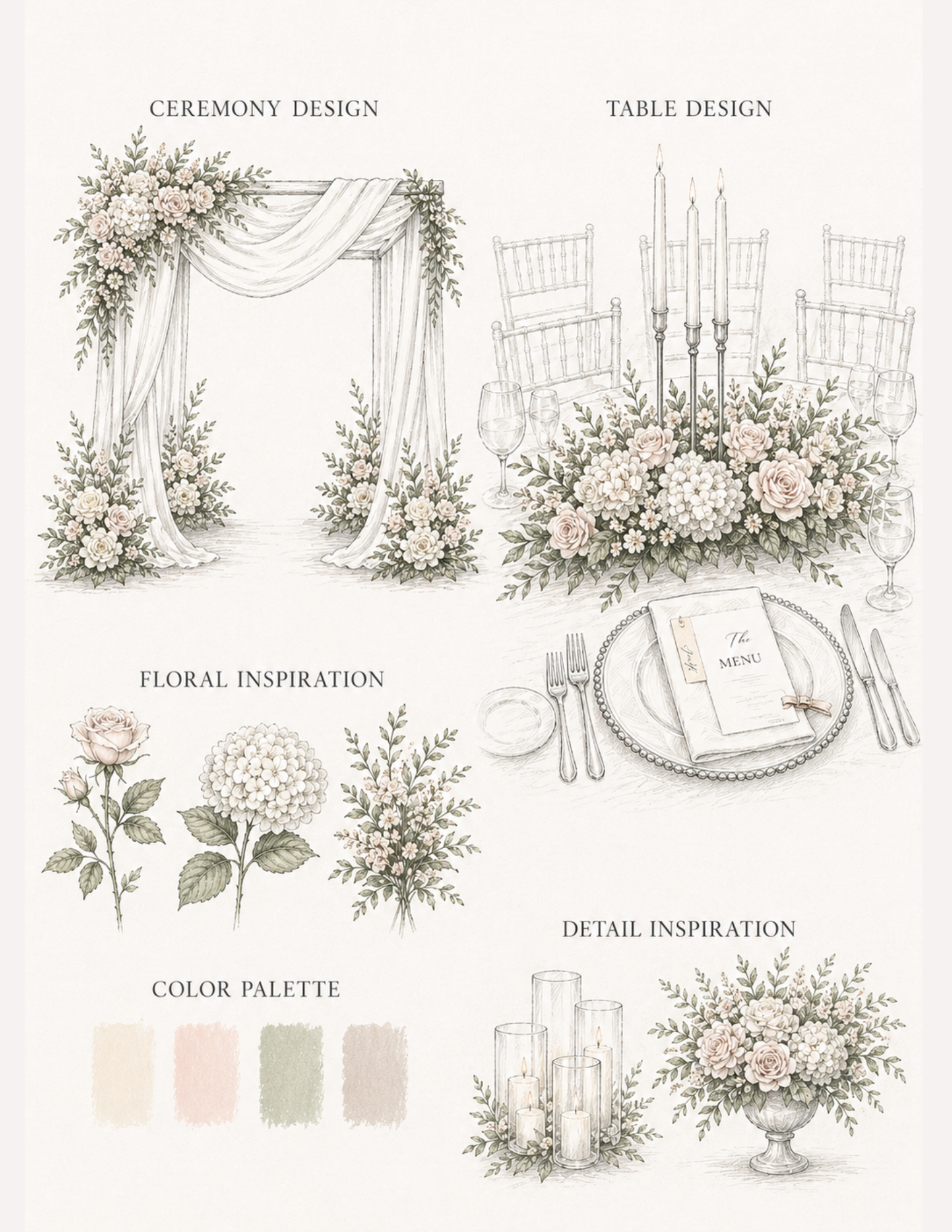 Elegant hand sketches and architectural illustrations detailing custom stage and floral layouts, emphasizing a classic, bespoke approach to event design.