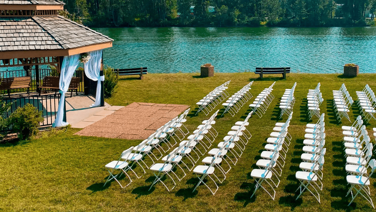 outdoor wedding ceremony on a sunny Calgary day at Waterfront Park